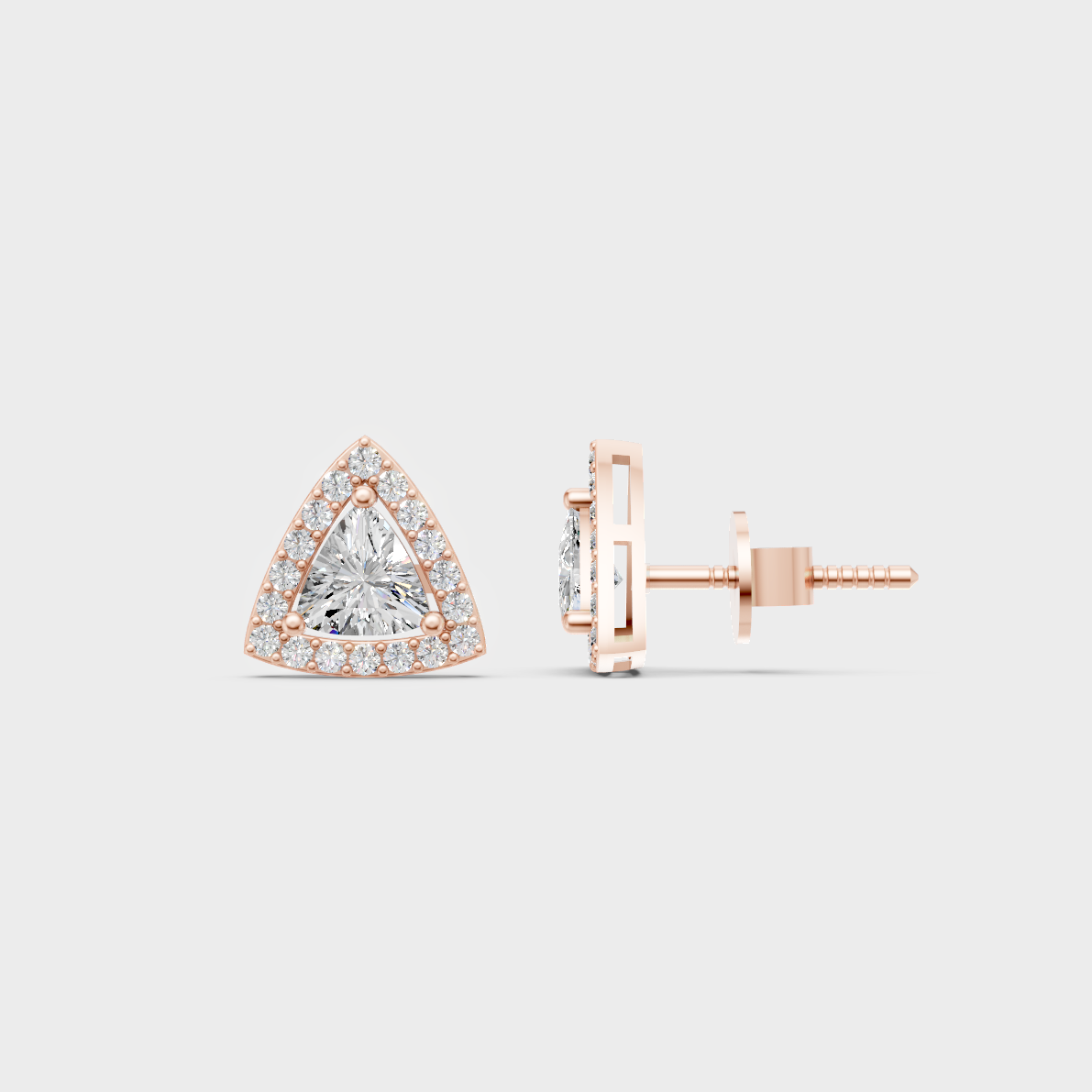 Romantic profile of 2.05 Carat Trillion and Round Cut Lab-Grown Diamond Halo Stud Earrings in blush 14K Rose Gold.