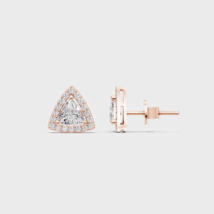 Romantic profile of 2.05 Carat Trillion and Round Cut Lab-Grown Diamond Halo Stud Earrings in blush 14K Rose Gold.