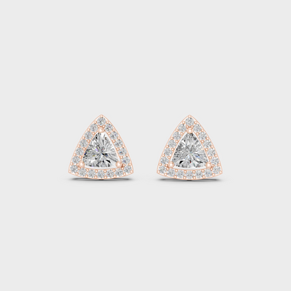 Top-down view displaying the Brilliant Sparkle of 2.05ct Trillion and Round Diamond Halo Studs in 9K Rose Gold.