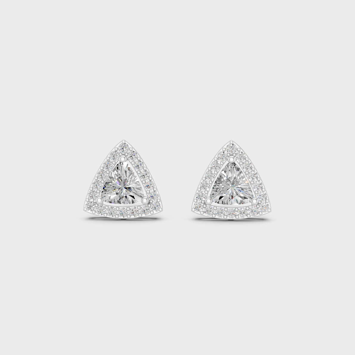 On-ear perspective highlighting the icy Brilliant Sparkle of 2.05ct White Gold Trillion Diamond Halo Studs.