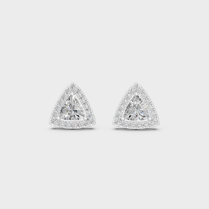 On-ear perspective highlighting the icy Brilliant Sparkle of 2.05ct White Gold Trillion Diamond Halo Studs.