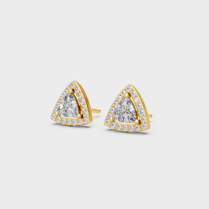 Side angle showing the secure backing and Brilliant Sparkle of Ethical Luxury Trillion Halo Studs in 18K Yellow Gold.