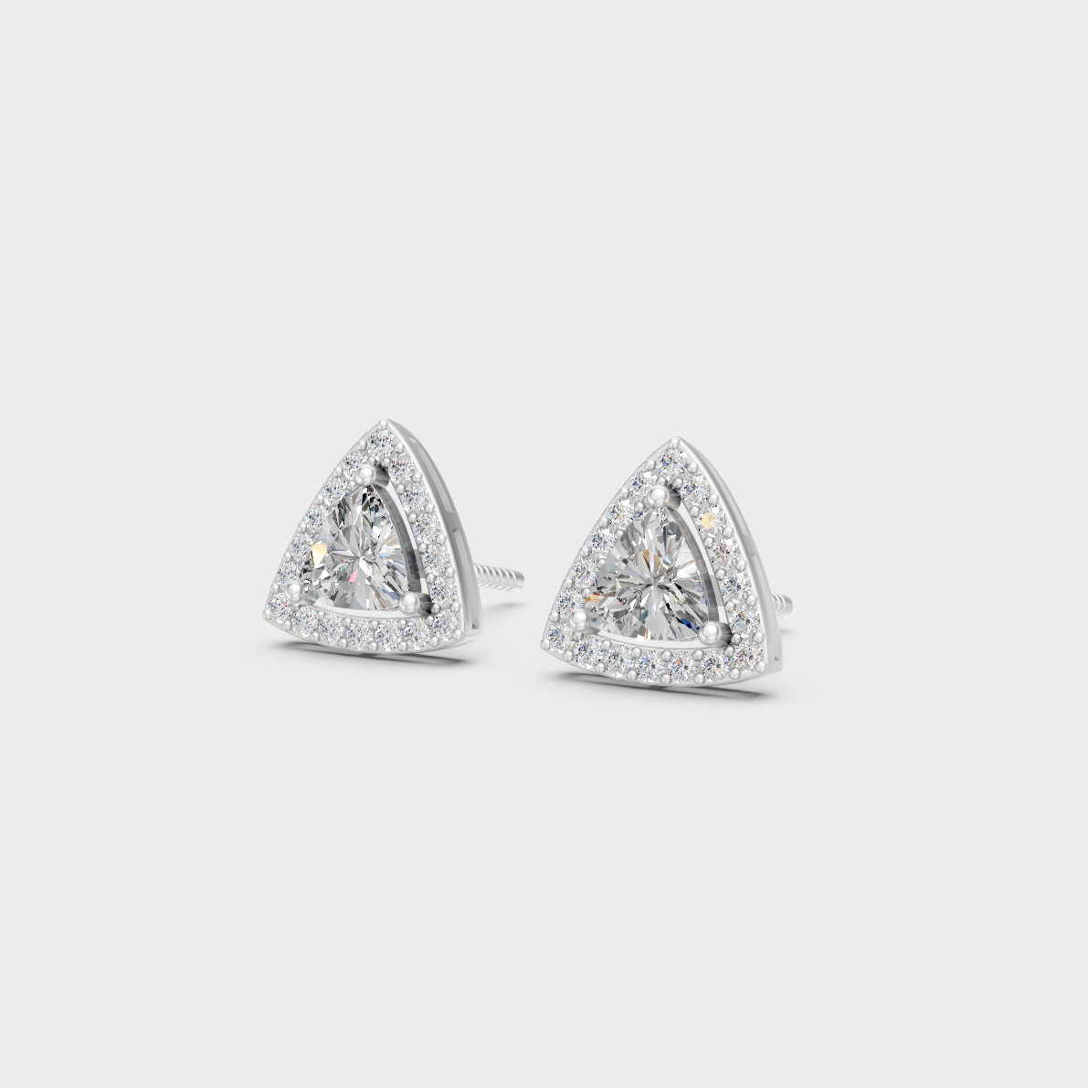 Frontal view of Ethical Luxury Halo Studs featuring Trillion and Round Cut Lab Diamonds set in 14K White Gold.