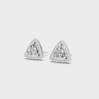 Frontal view of Ethical Luxury Halo Studs featuring Trillion and Round Cut Lab Diamonds set in 14K White Gold.
