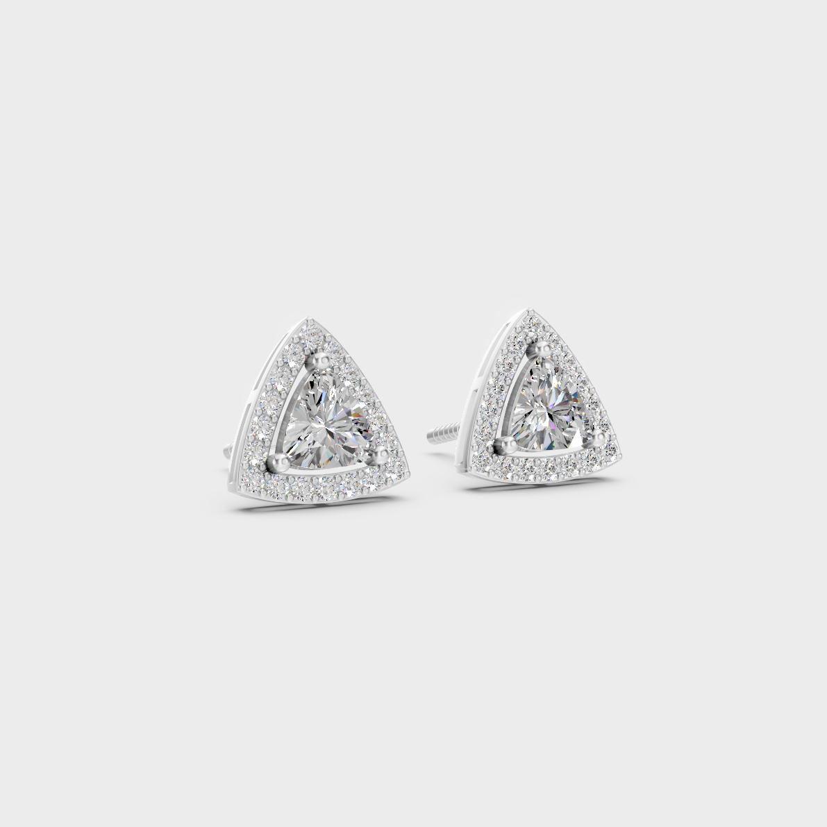 Precise prong placement securing brilliant stones on 950 Platinum Trillion and Round Lab Diamond Halo Earrings.