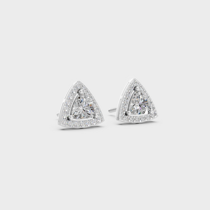 Precise prong placement securing brilliant stones on 950 Platinum Trillion and Round Lab Diamond Halo Earrings.