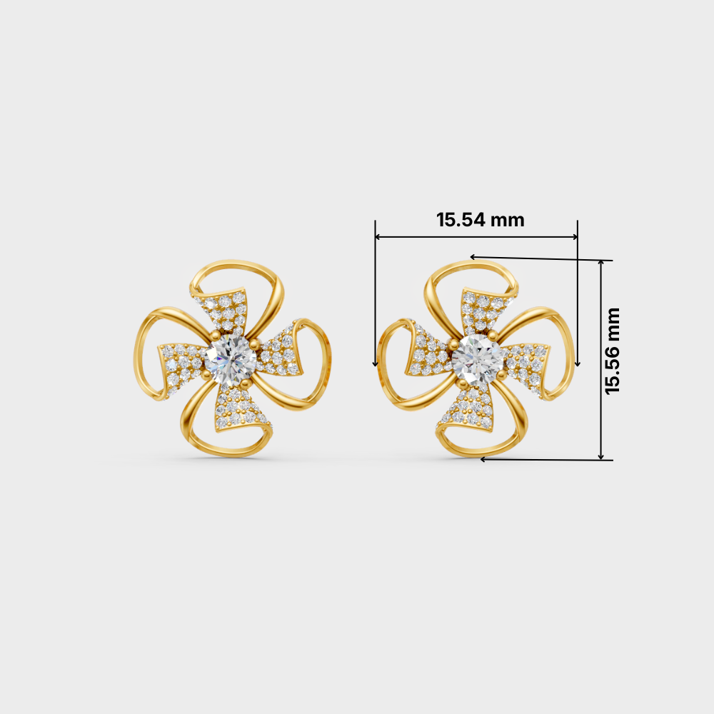 A pair of gold flower-shaped stud earrings with pavé-set clear stones and a central round stone, shown on a light gray background with dimension lines and measurements 15.54 mm and 15.