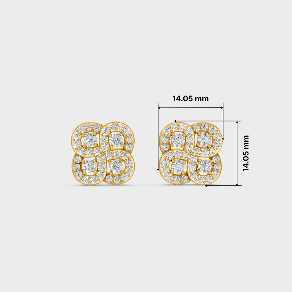 A pair of gold square stud earrings set with clear pavé gemstones, shown on a light gray background with black dimension lines and text indicating a size of 14.05 mm by 14.