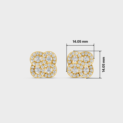 A pair of gold square stud earrings set with clear pavé gemstones, shown on a light gray background with black dimension lines and text indicating a size of 14.05 mm by 14.