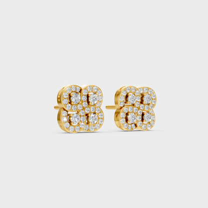 Macro studio lighting catching the fire of Sustainable Round Lab Diamond Stud Earrings in 18K Yellow Gold.