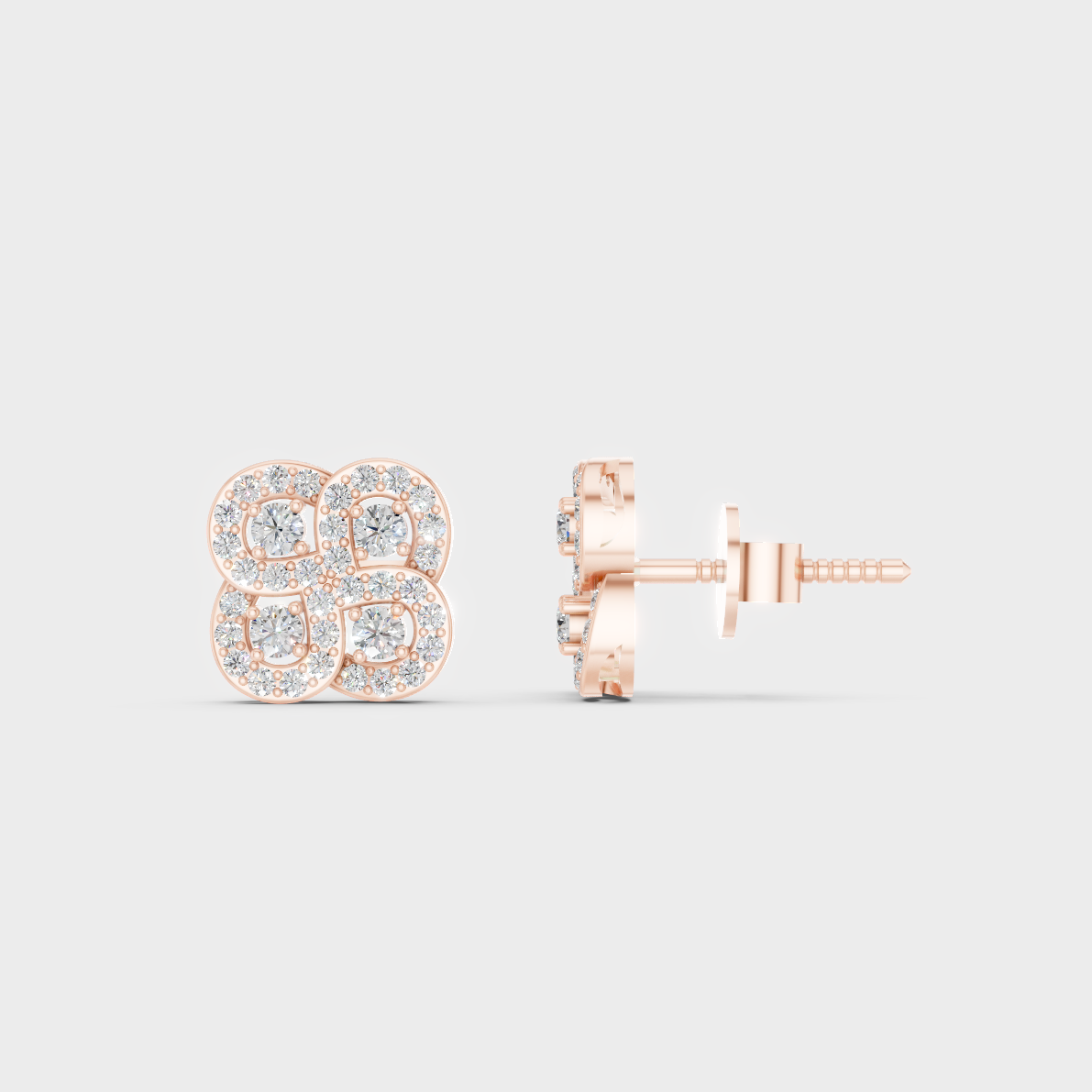 Romantic profile of 0.56 Carat Round Cut Lab-Grown Diamond Stud Earrings in blush 14K Rose Gold.