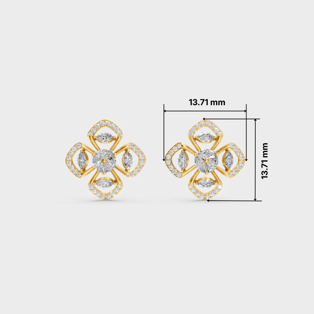 A pair of yellow gold floral stud earrings with clear gemstones, shown on a light gray background with dimension lines indicating a height and width of 13.71 mm.