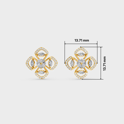 A pair of yellow gold floral stud earrings with clear gemstones, shown on a light gray background with dimension lines indicating a height and width of 13.71 mm.