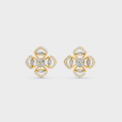On-model ear wearing a pair of 1.14ct Round and Marquise Lab Diamond Stud Earrings in classic 9K Yellow Gold.