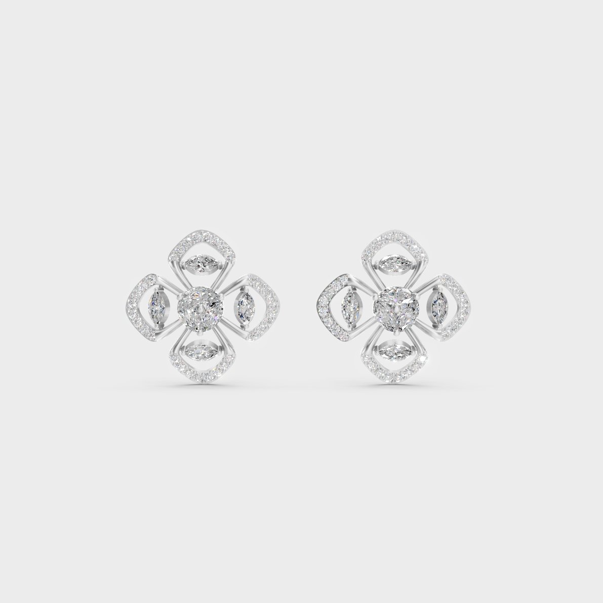 On-ear perspective highlighting the icy Brilliant Sparkle of 1.14ct White Gold Round Marquise Diamond Studs.
