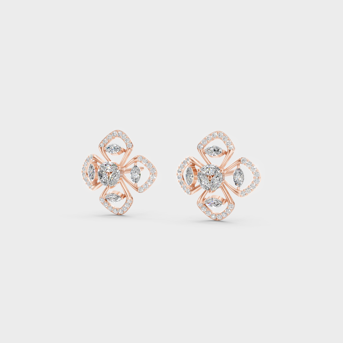 Top-down view displaying the Brilliant Sparkle of 1.14ct Round and Marquise Diamond Studs in 9K Rose Gold.