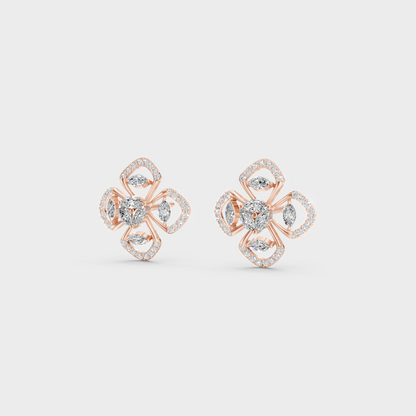 Top-down view displaying the Brilliant Sparkle of 1.14ct Round and Marquise Diamond Studs in 9K Rose Gold.