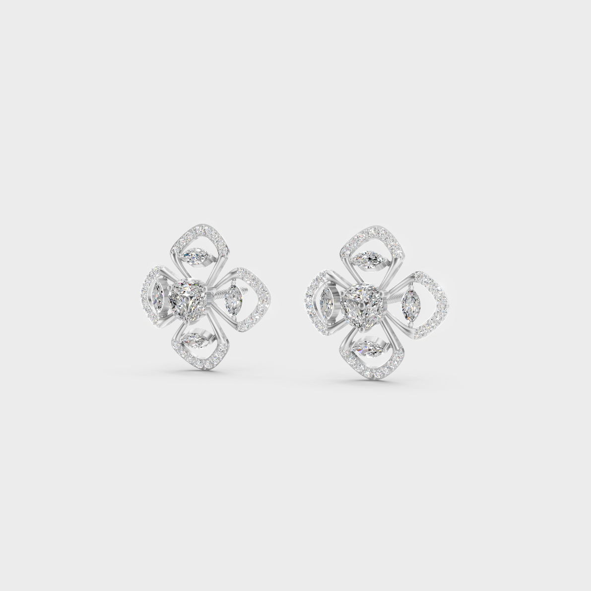 Frontal view of Ethical Luxury Studs featuring Round and Marquise Cut Lab Diamonds set in 14K White Gold.