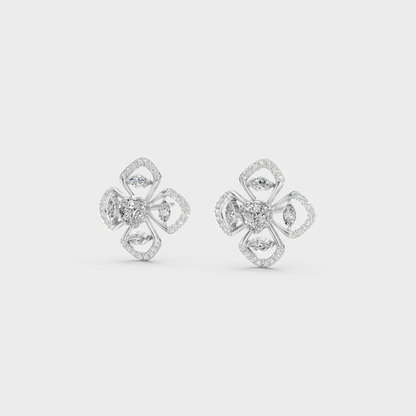 Frontal view of Ethical Luxury Studs featuring Round and Marquise Cut Lab Diamonds set in 14K White Gold.