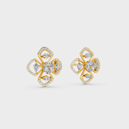 Macro studio lighting catching the fire of Sustainable Mixed Cut Lab Diamond Stud Earrings in 18K Yellow Gold.