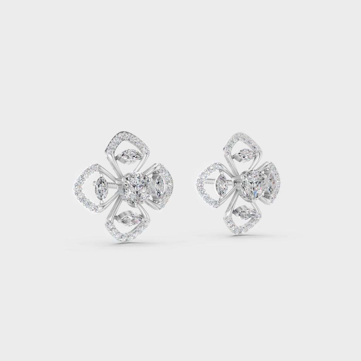 Precise prong placement securing brilliant stones on 950 Platinum Round and Marquise Lab Diamond Stud Earrings.