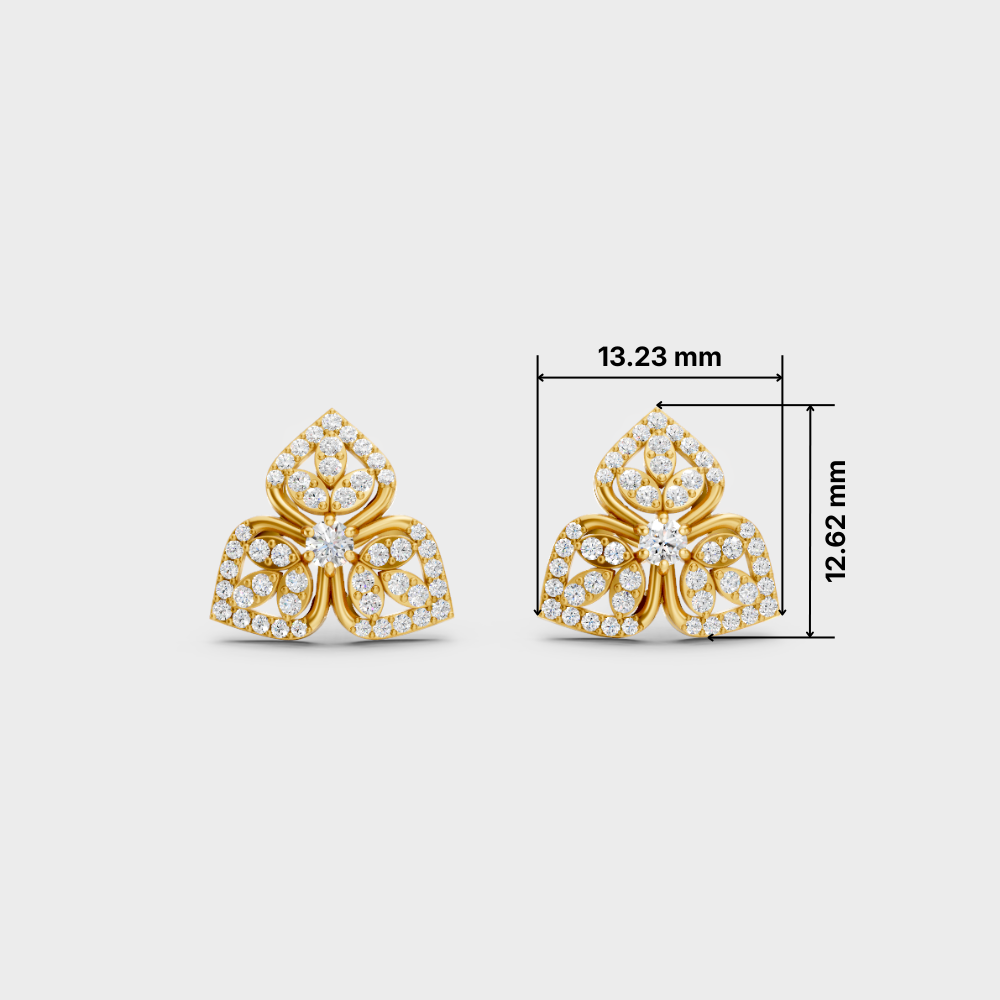 A pair of gold floral stud earrings with clear pavé stones, shown on a light gray background with black dimension lines and text indicating 13.23 mm width and 12.