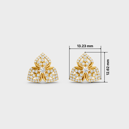 A pair of gold floral stud earrings with clear pavé stones, shown on a light gray background with black dimension lines and text indicating 13.23 mm width and 12.