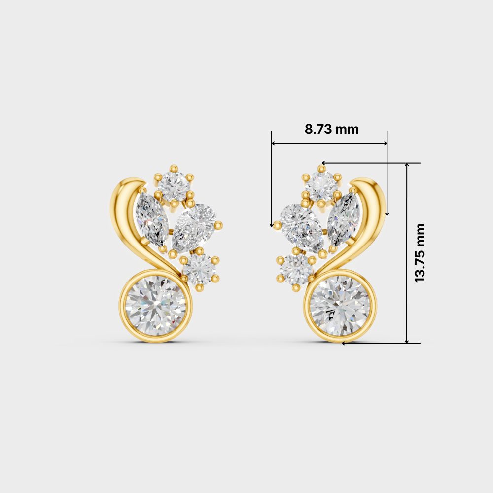 A pair of gold and diamond stud earrings shown on a light gray background with dimension lines and measurements: 8.73 mm width and 13.