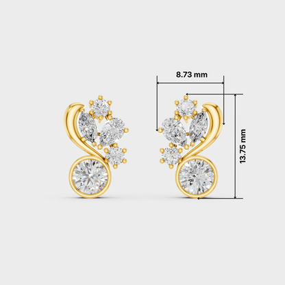 A pair of gold and diamond stud earrings shown on a light gray background with dimension lines and measurements: 8.73 mm width and 13.