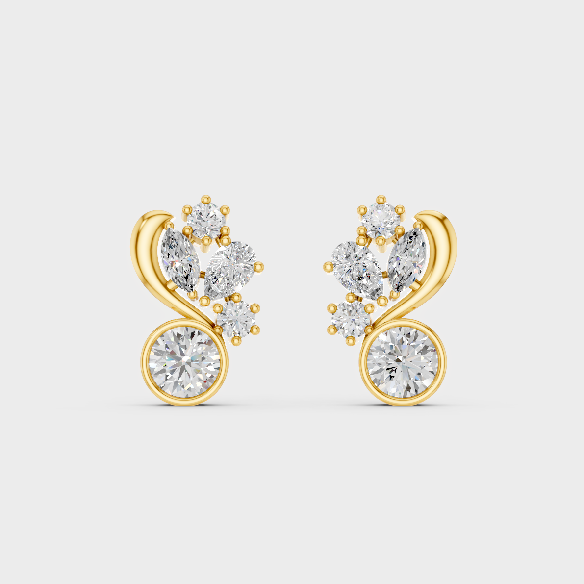 On-model ear wearing a pair of 1.4ct Round, Pear, and Marquise Lab Diamond Stud Earrings in classic 9K Yellow Gold.