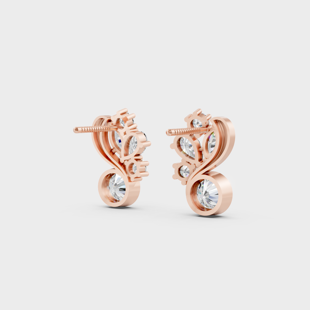 Premium jewelry box opening to reveal 1.4ct Round, Pear, and Marquise Lab-Grown Diamond Studs in 14K Rose Gold.