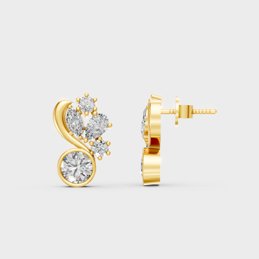 Close-up shot of 1.4 Carat Multi-Shape Round, Pear, and Marquise Cut Lab-Grown Diamond Stud Earrings set in warm 14K Yellow Gold.