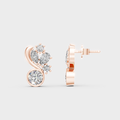 Romantic profile of 1.4 Carat Multi-Shape Round, Pear, and Marquise Cut Lab-Grown Diamond Stud Earrings in blush 14K Rose Gold.
