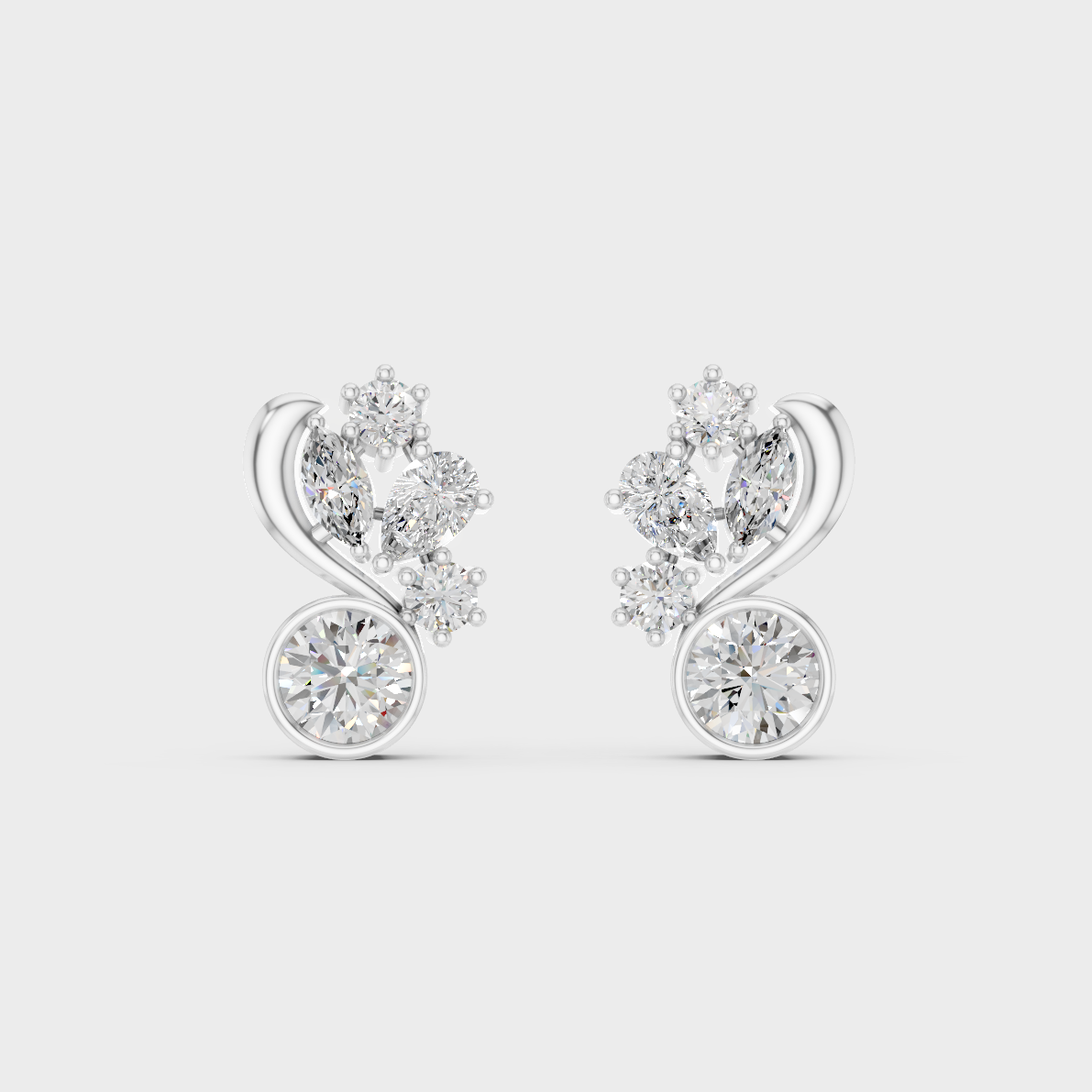 On-ear perspective highlighting the icy Brilliant Sparkle of 1.4ct White Gold Multi-Shape Diamond Studs.