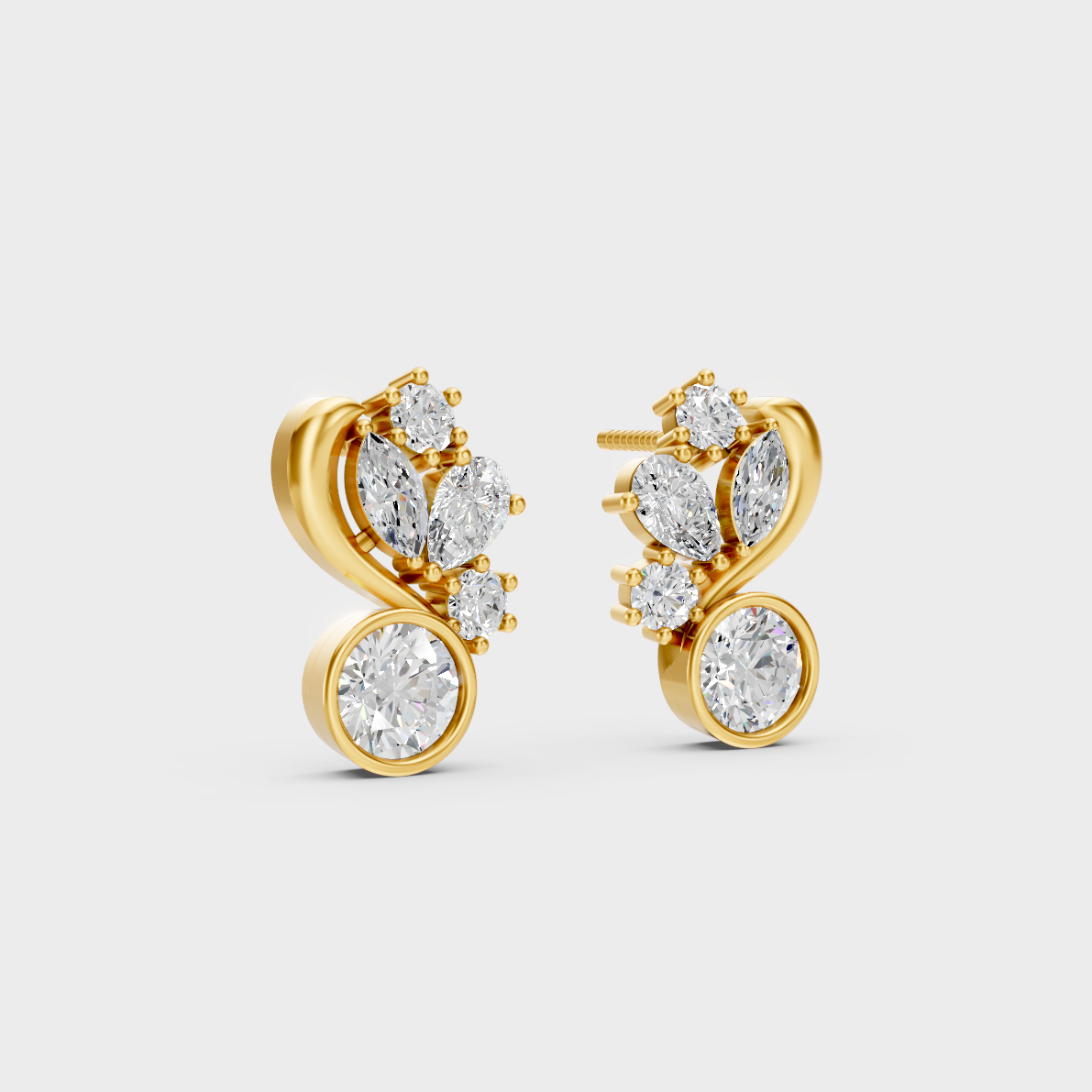 Macro studio lighting catching the fire of Sustainable Mixed Cut Lab Diamond Stud Earrings in 18K Yellow Gold.