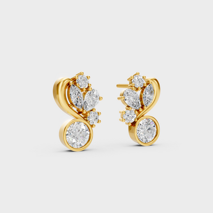Macro studio lighting catching the fire of Sustainable Mixed Cut Lab Diamond Stud Earrings in 18K Yellow Gold.