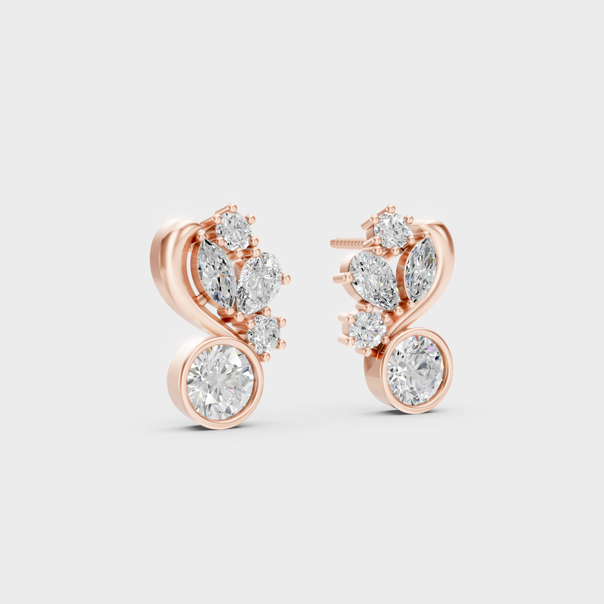 Warm light refracting through Multi-Shape Sustainable Diamond Stud Earrings in 18K Rose Gold.