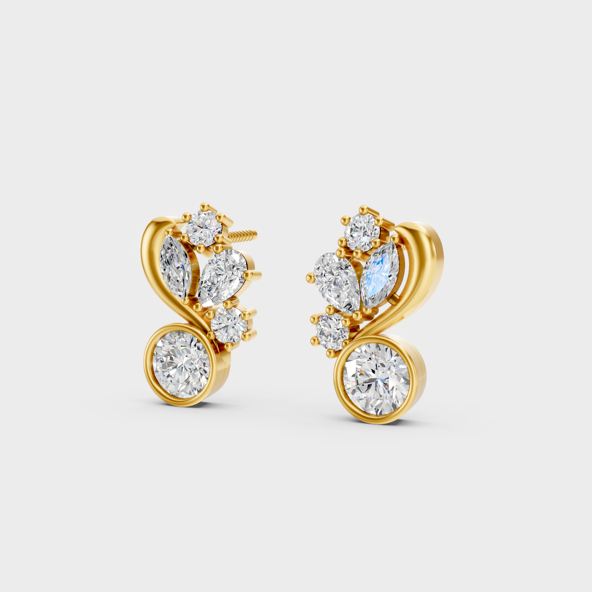 Side angle showing the secure backing and Brilliant Sparkle of Ethical Luxury Multi-Shape Diamond Studs in 18K Yellow Gold.
