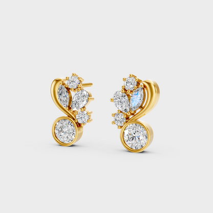 Side angle showing the secure backing and Brilliant Sparkle of Ethical Luxury Multi-Shape Diamond Studs in 18K Yellow Gold.