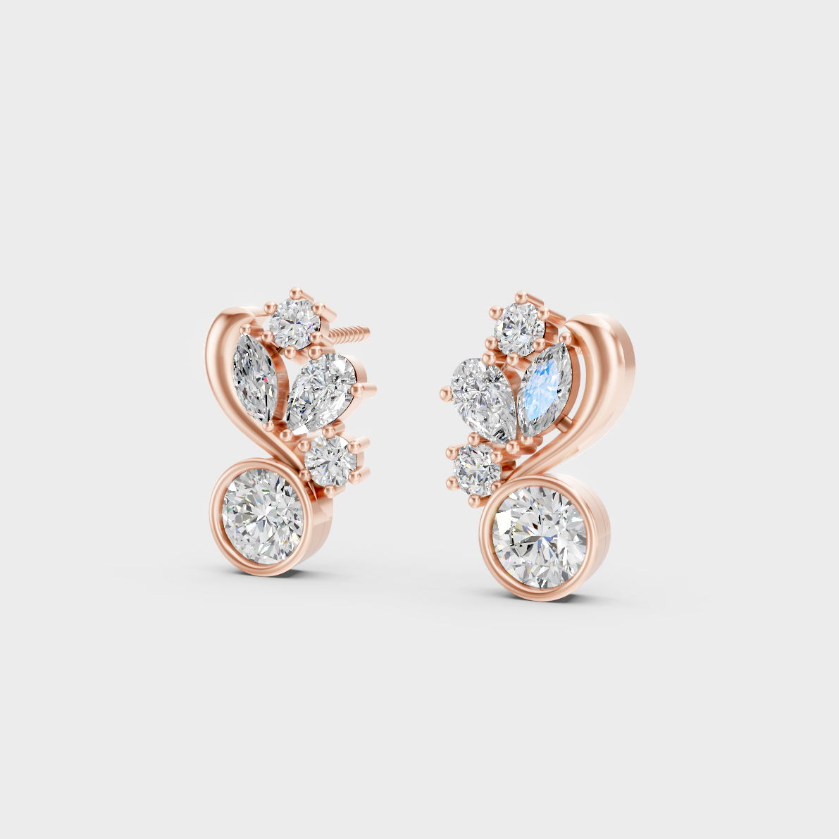 Pair of Ethical Luxury Multi-Shape Lab Diamond Studs glowing on a rose-hued 18K Rose Gold Setting.