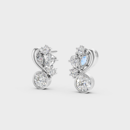Frontal view of Ethical Luxury Studs featuring Round, Pear, and Marquise Cut Lab Diamonds set in 14K White Gold.