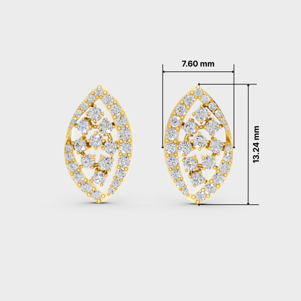 A pair of gold and diamond marquise-shaped stud earrings shown on a light gray background, with black measurement lines and text indicating dimensions: 7.60 mm width and 13.