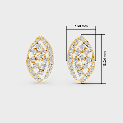 A pair of gold and diamond marquise-shaped stud earrings shown on a light gray background, with black measurement lines and text indicating dimensions: 7.60 mm width and 13.