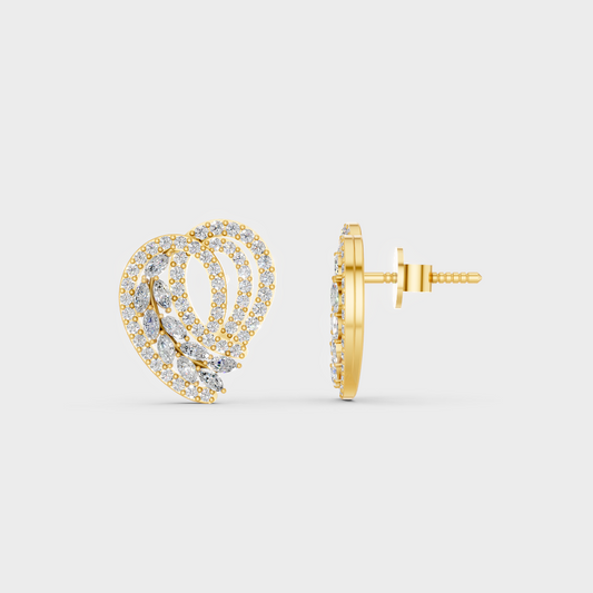 Close-up shot of 0.68 Carat Round and Marquise Cut Lab-Grown Diamond Stud Earrings set in warm 14K Yellow Gold.