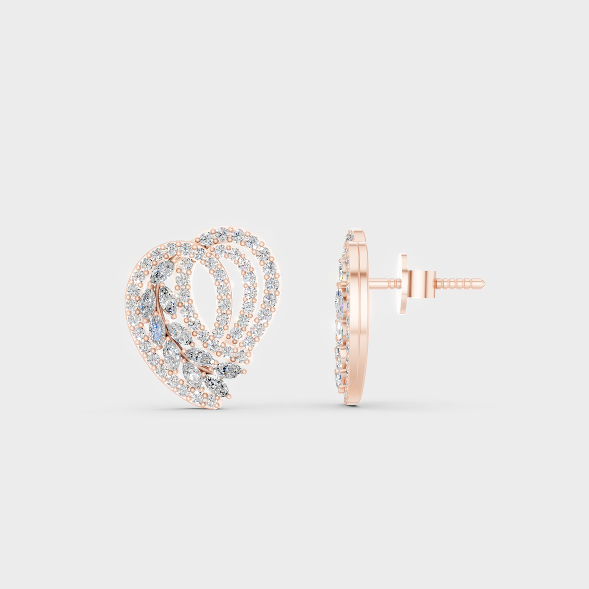Romantic profile of 0.68 Carat Round and Marquise Cut Lab-Grown Diamond Stud Earrings in blush 14K Rose Gold.