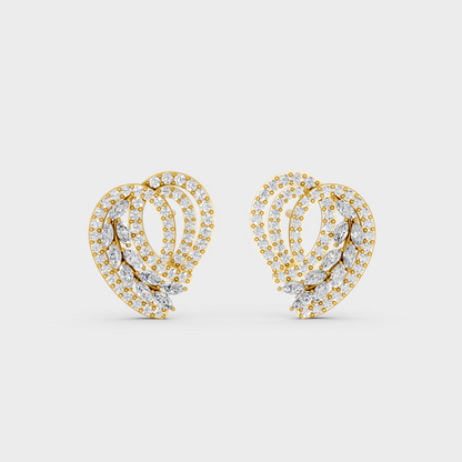 On-model ear wearing a pair of 0.68ct Round and Marquise Lab Diamond Stud Earrings in classic 9K Yellow Gold.