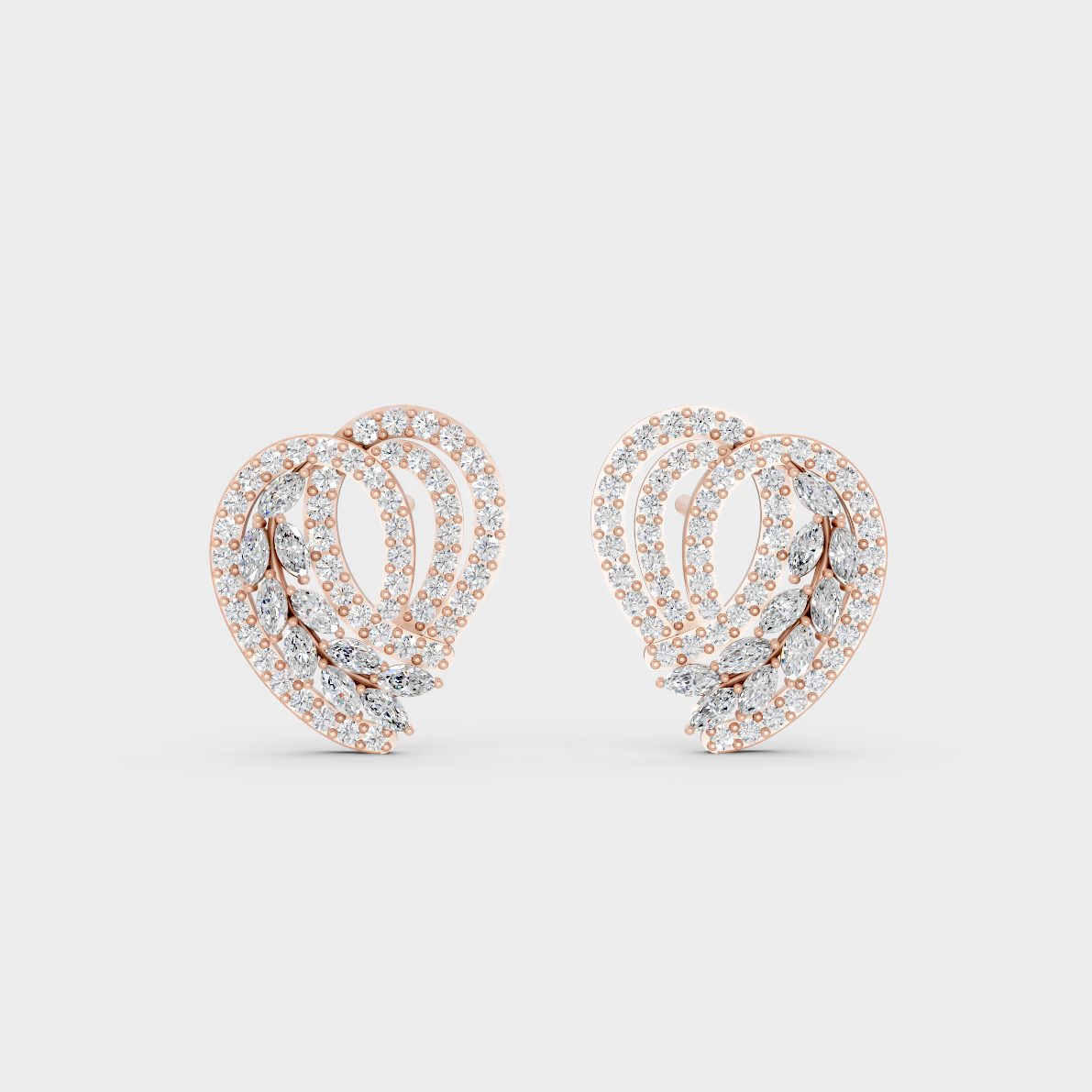 Top-down view displaying the Brilliant Sparkle of 0.68ct Round and Marquise Diamond Studs in 9K Rose Gold.
