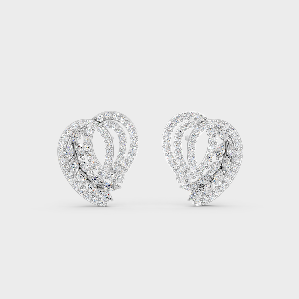 On-ear perspective highlighting the icy Brilliant Sparkle of 0.68ct White Gold Round Marquise Diamond Studs.