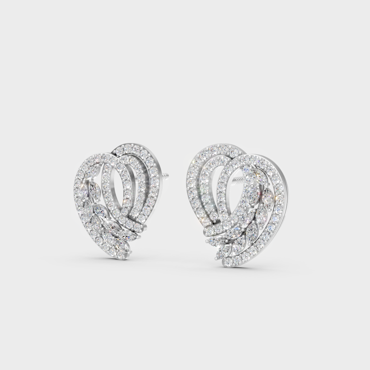 Frontal view of Ethical Luxury Studs featuring Round and Marquise Cut Lab Diamonds set in 14K White Gold.