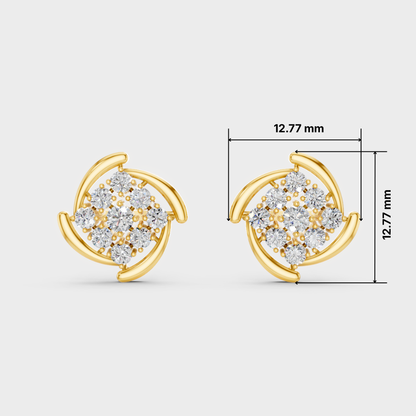 A pair of yellow gold stud earrings with clear pavé gemstones, shown on a light gray background with dimension lines indicating a size of 12.77 mm.